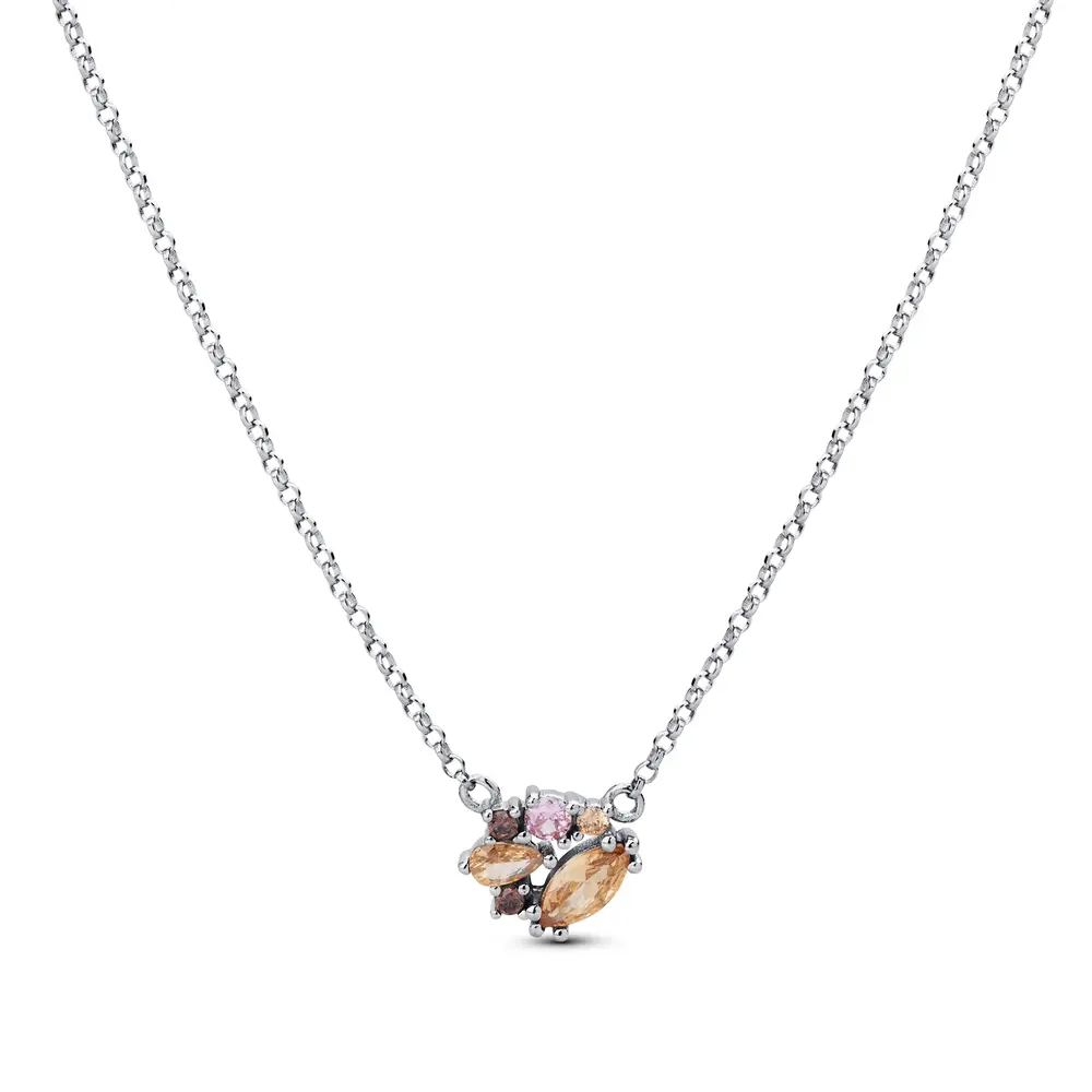 Gargantilha Prata Rodinada Zircônias Rosas e Laranjas