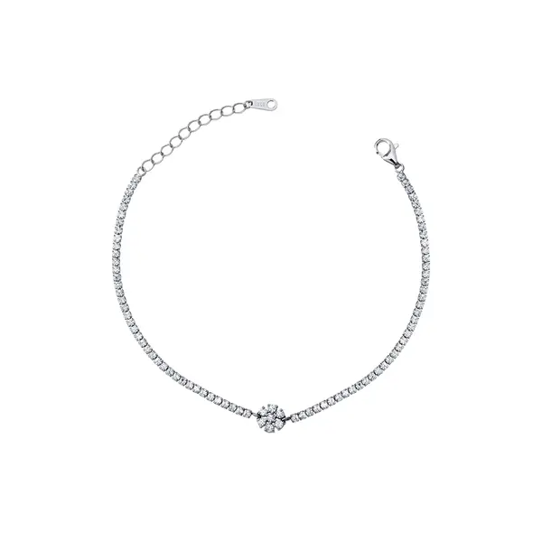 Pulseira Prata Rodinada Riviera e Flor em Zircônias