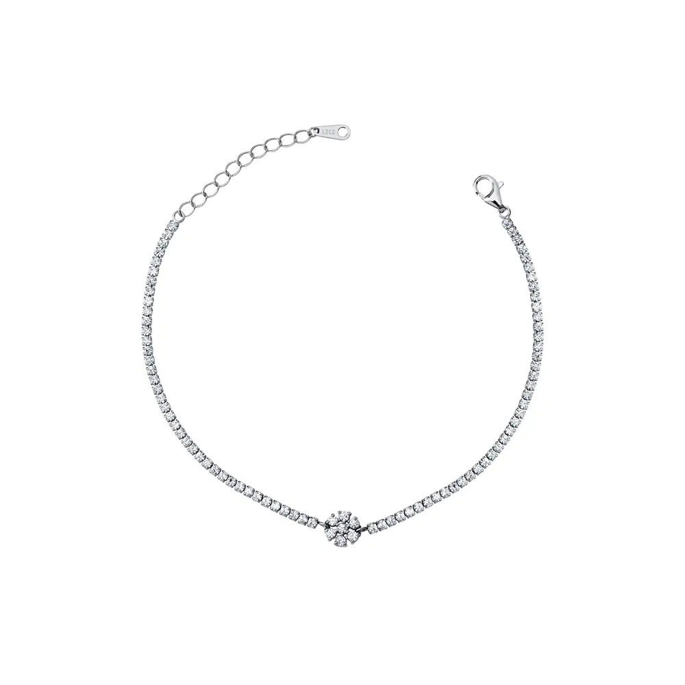 Pulseira Prata Rodinada Riviera e Flor em Zircônias