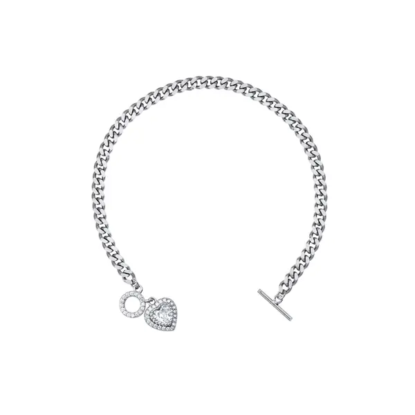 Pulseira Prata Rodinada Fecho T Coração Cravejado