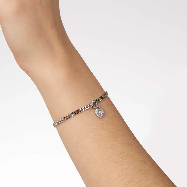 Pulseira Prata Rodinada Fecho T Coração Cravejado