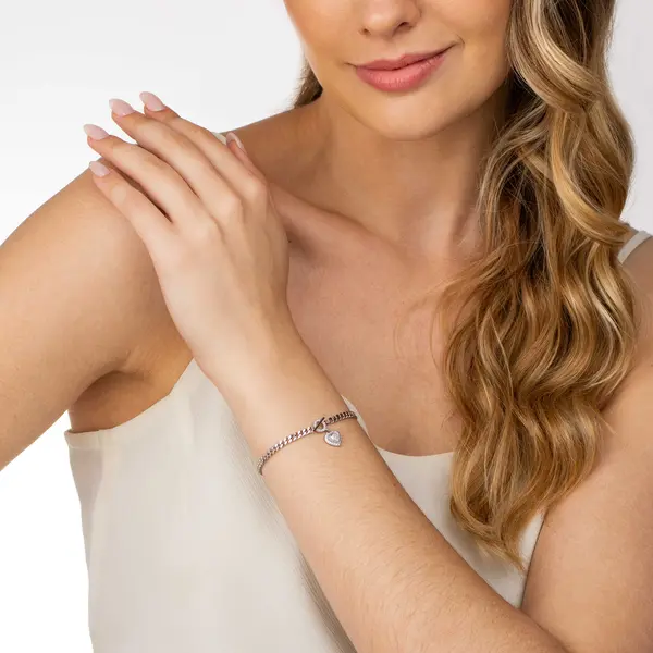 Pulseira Prata Rodinada Fecho T Coração Cravejado