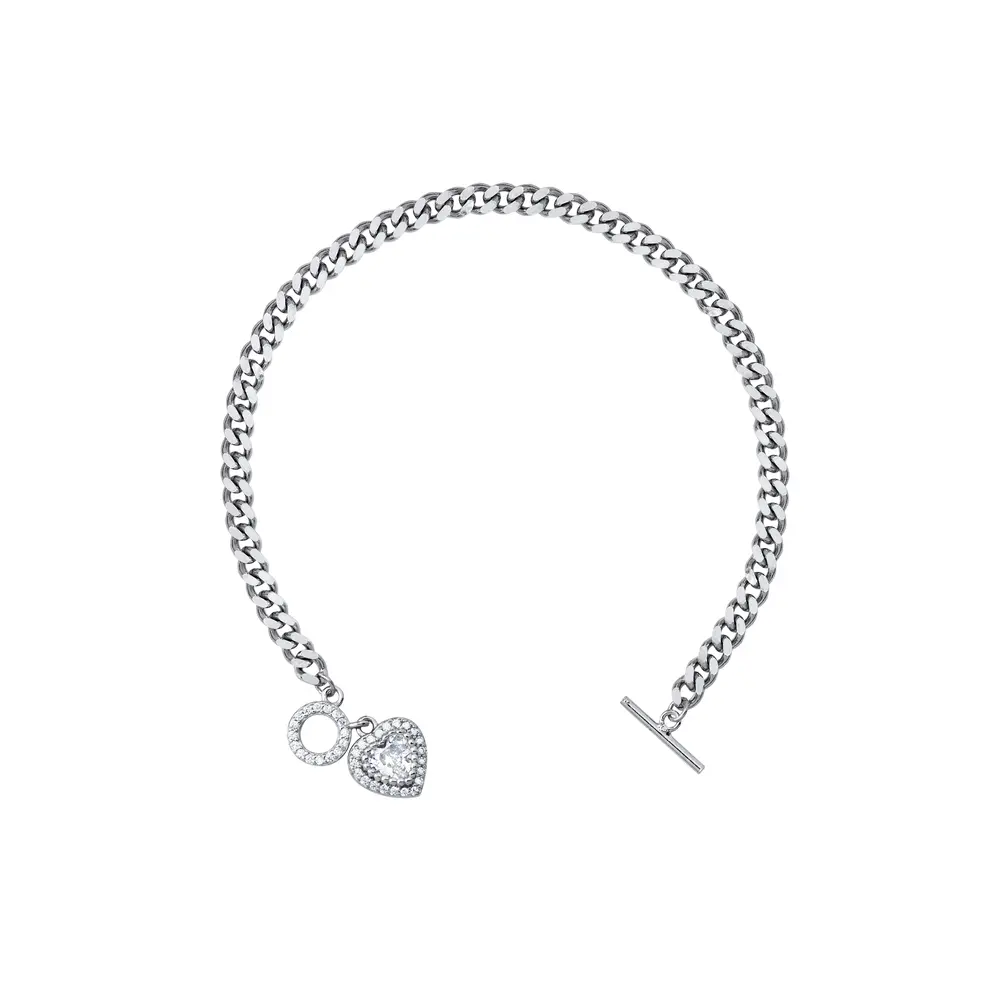 Pulseira Prata Rodinada Fecho T Coração Cravejado