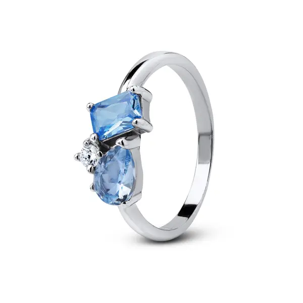 Anel Prata Rodinada Gota e Retangulo Azuis