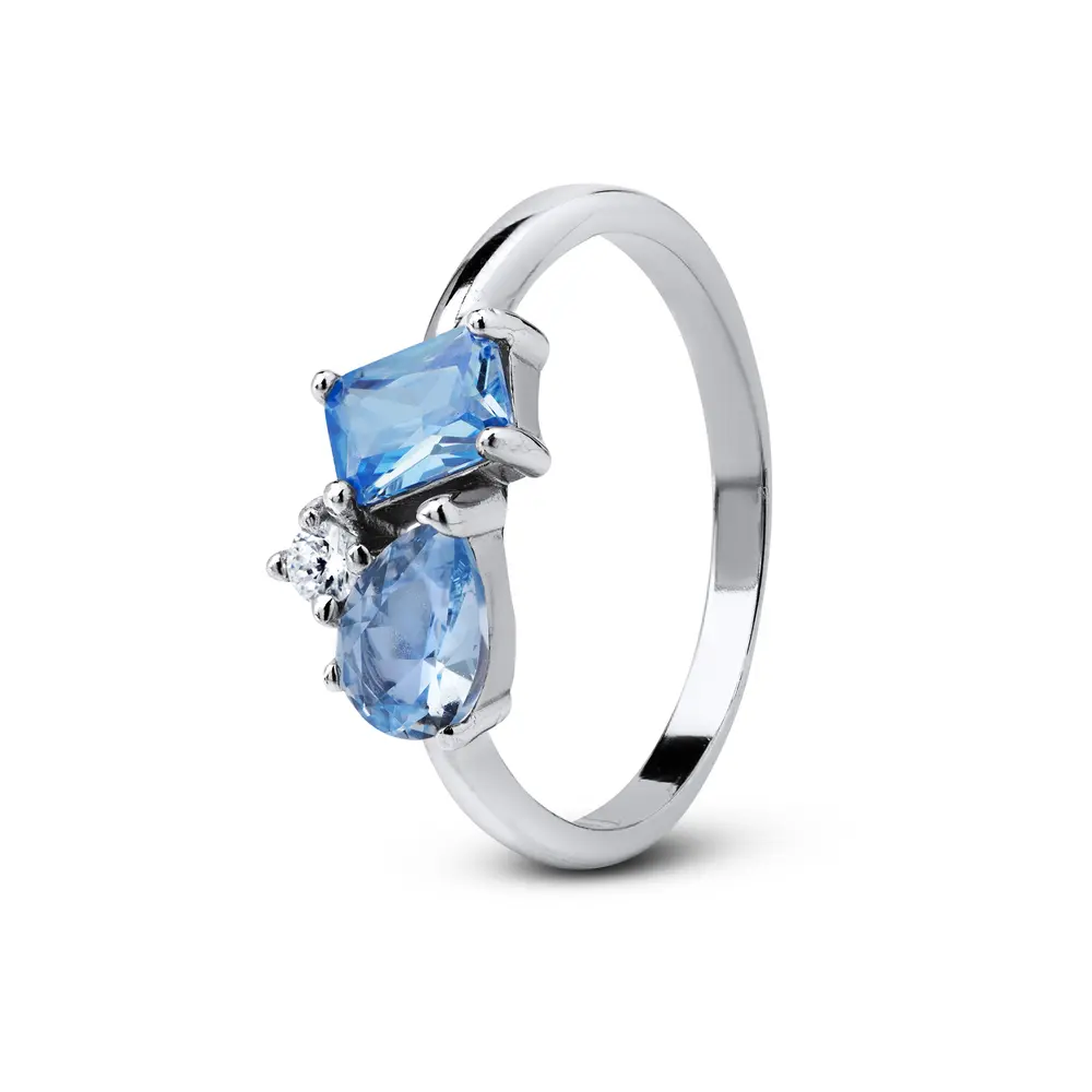 Anel Prata Rodinada Gota e Retangulo Azuis