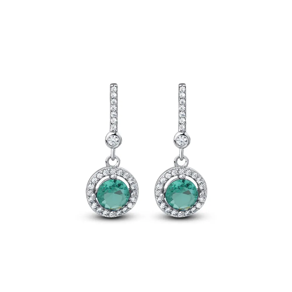 Brinco Prata Rodinada Pendente Zircônia Redonda Verde