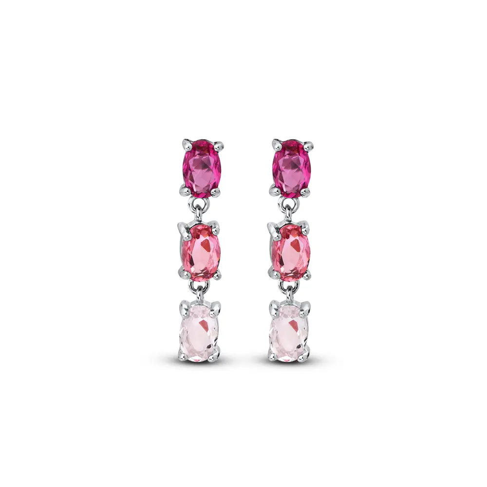 Brinco Prata Rodinada Três Zircônias Rosas