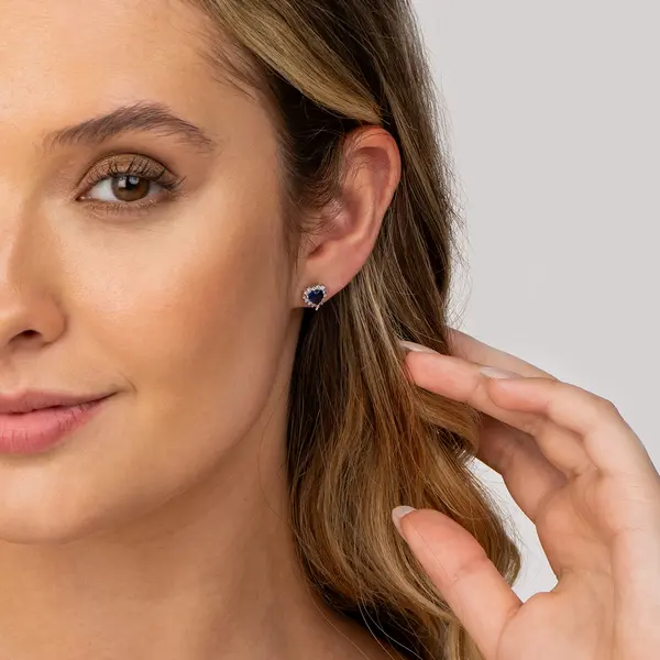 Brinco Prata Rodinada Coração Cravejado Azul