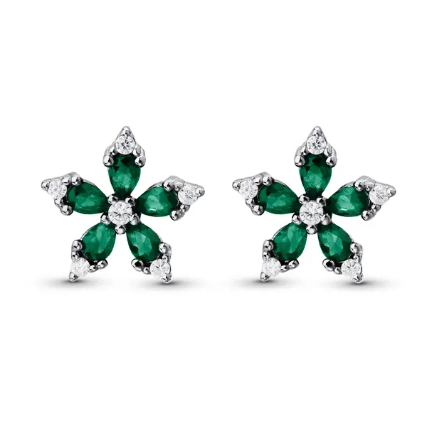 Brinco Prata Rodinada Flor com Zircônias Verdes
