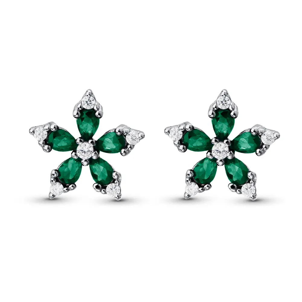 Brinco Prata Rodinada Flor com Zircônias Verdes