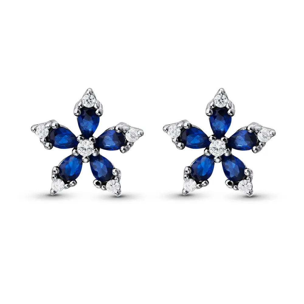 Brinco Prata Rodinada Flor com Zircônias Azuis