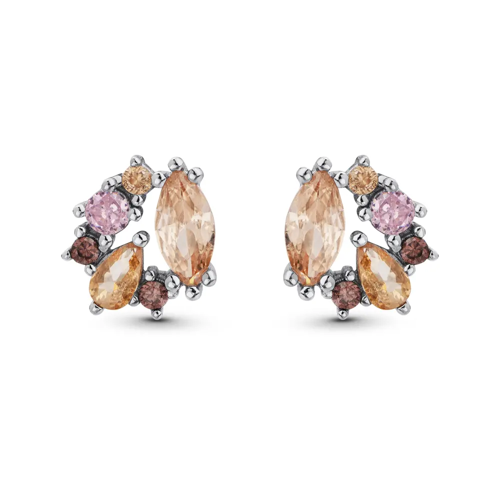 Brinco Prata Rodinada Zircônias Rosas e Laranjas