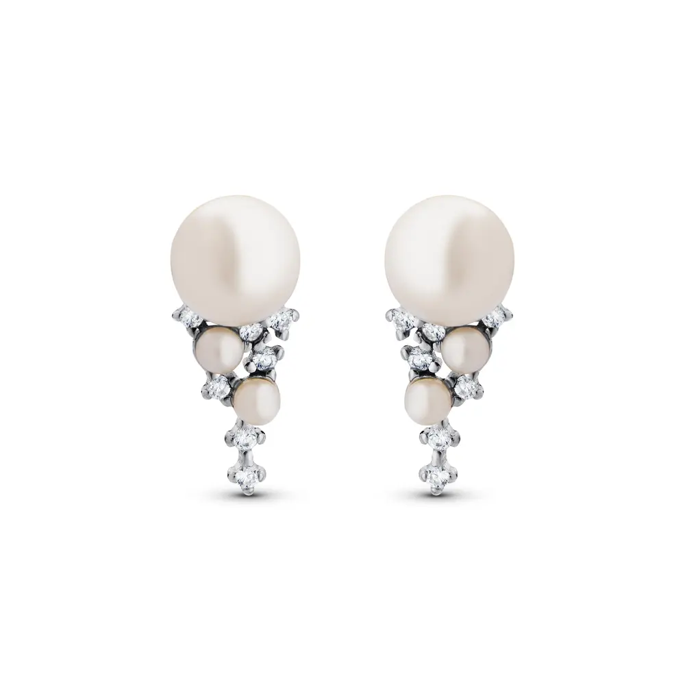 Brinco Prata Rodinada Três Pérolas e Zircônias