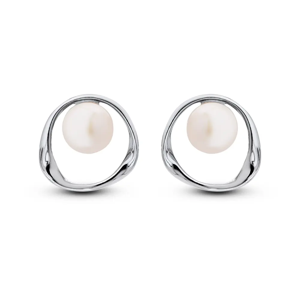 Brinco Prata Rodinada Orgânico com Pérola Central