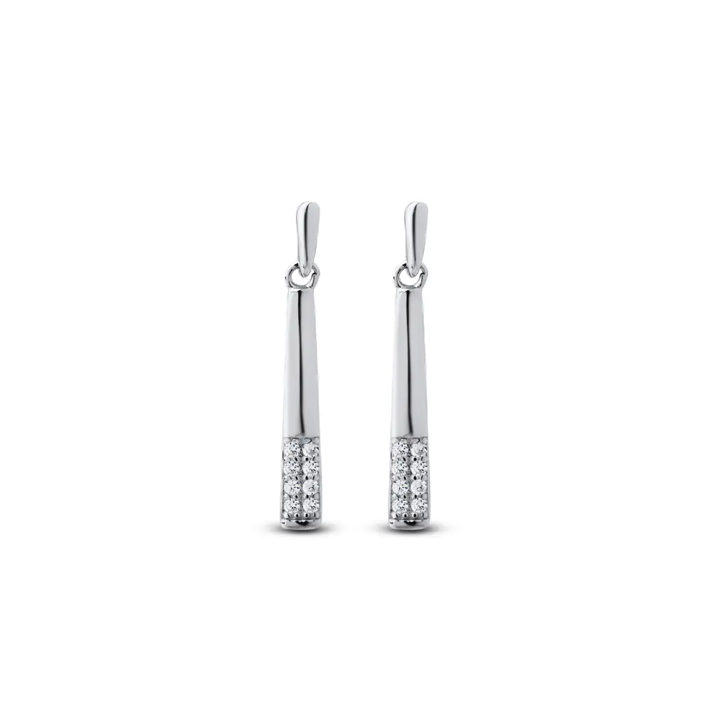 Brinco Prata Rodinada Pendente Liso com Zircônias na Ponta