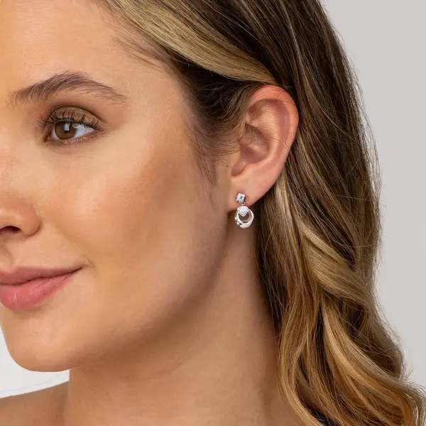 Brinco Prata Rodinada Coração e Círculo com Zircônias