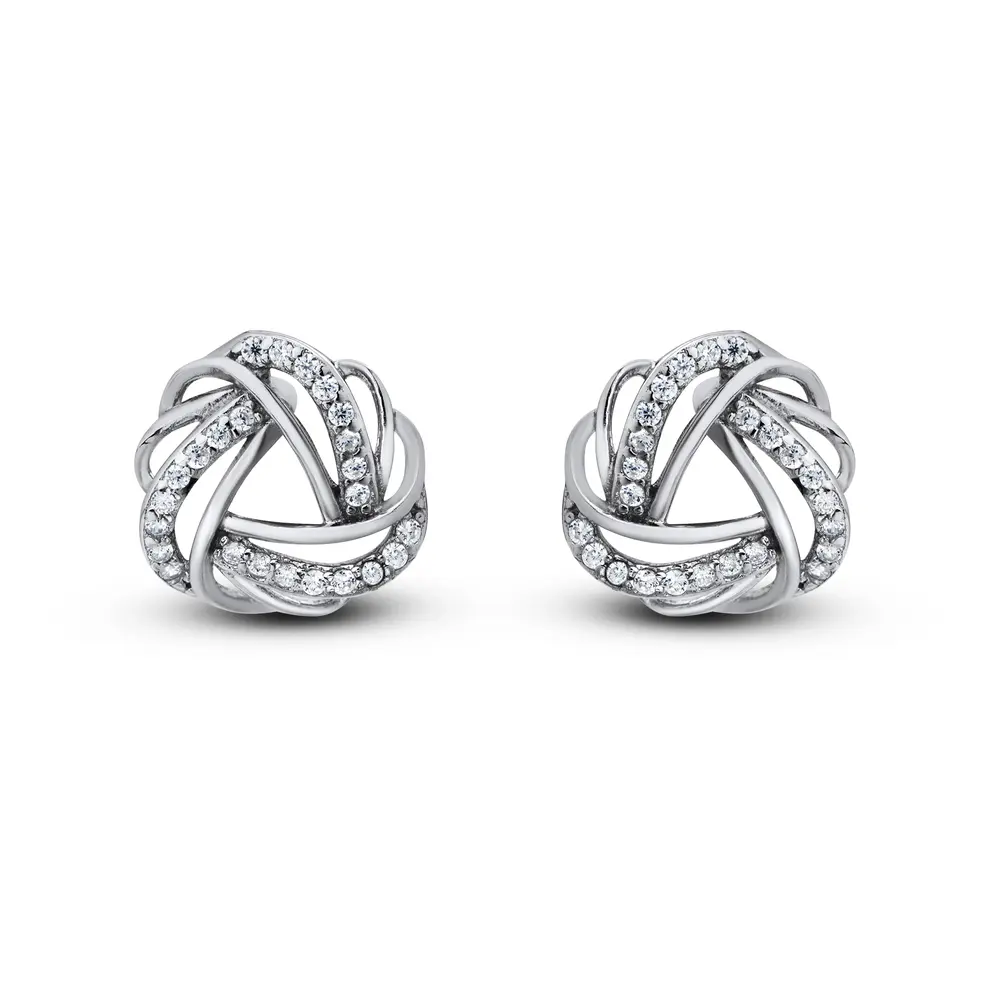 Brinco Prata Rodinada Triângulo Trançado em Zircônias