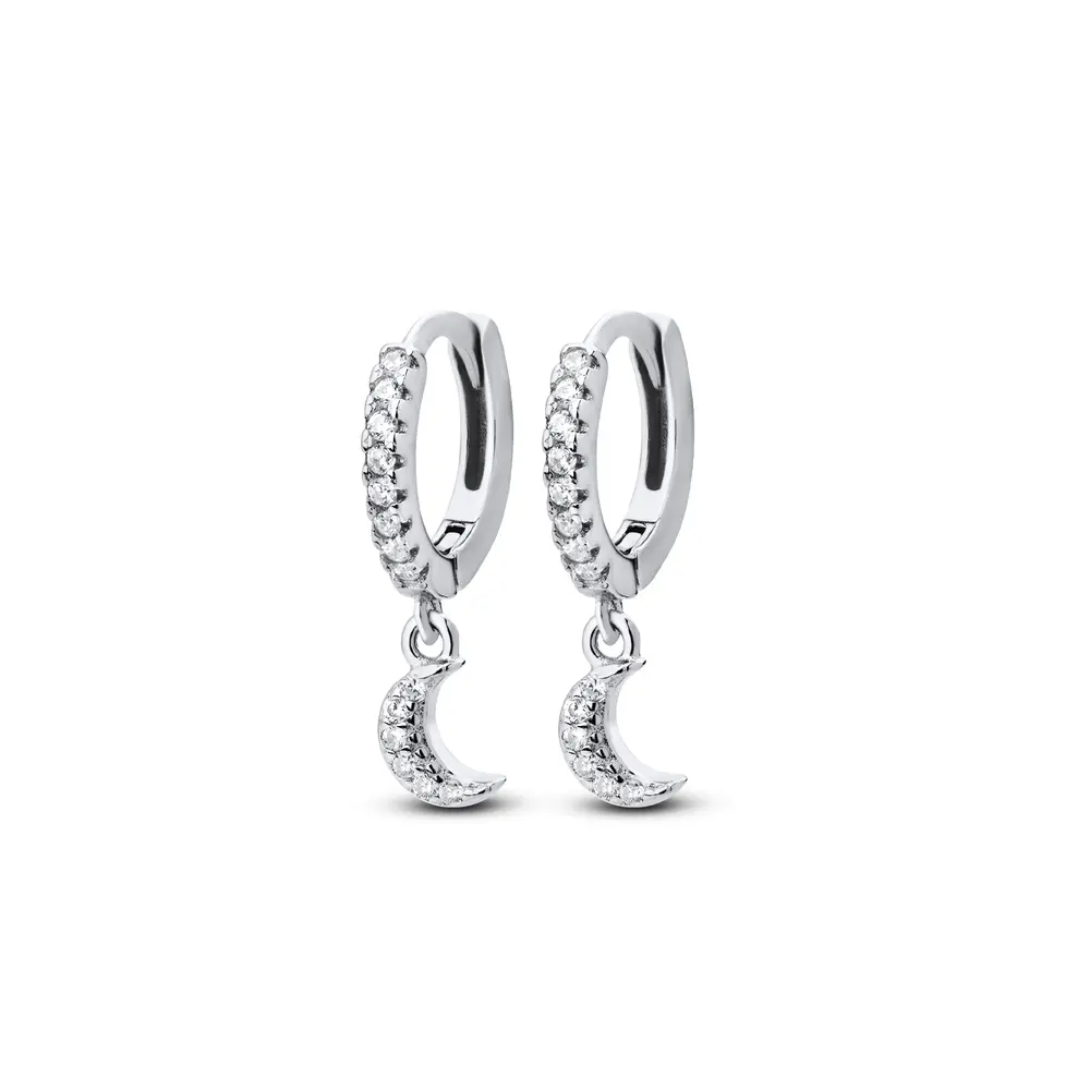 Brinco Prata Rodinada Argola Click Craveja com Meia Lua