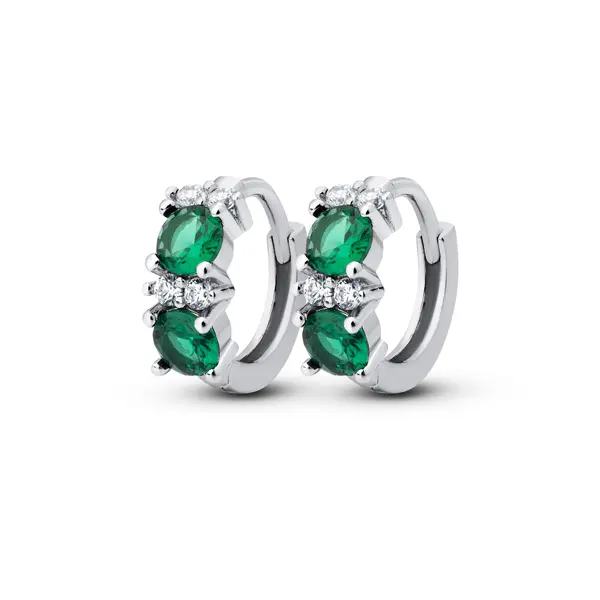 Brinco Prata Rodinada Argola Click Duas Zircônias Verdes