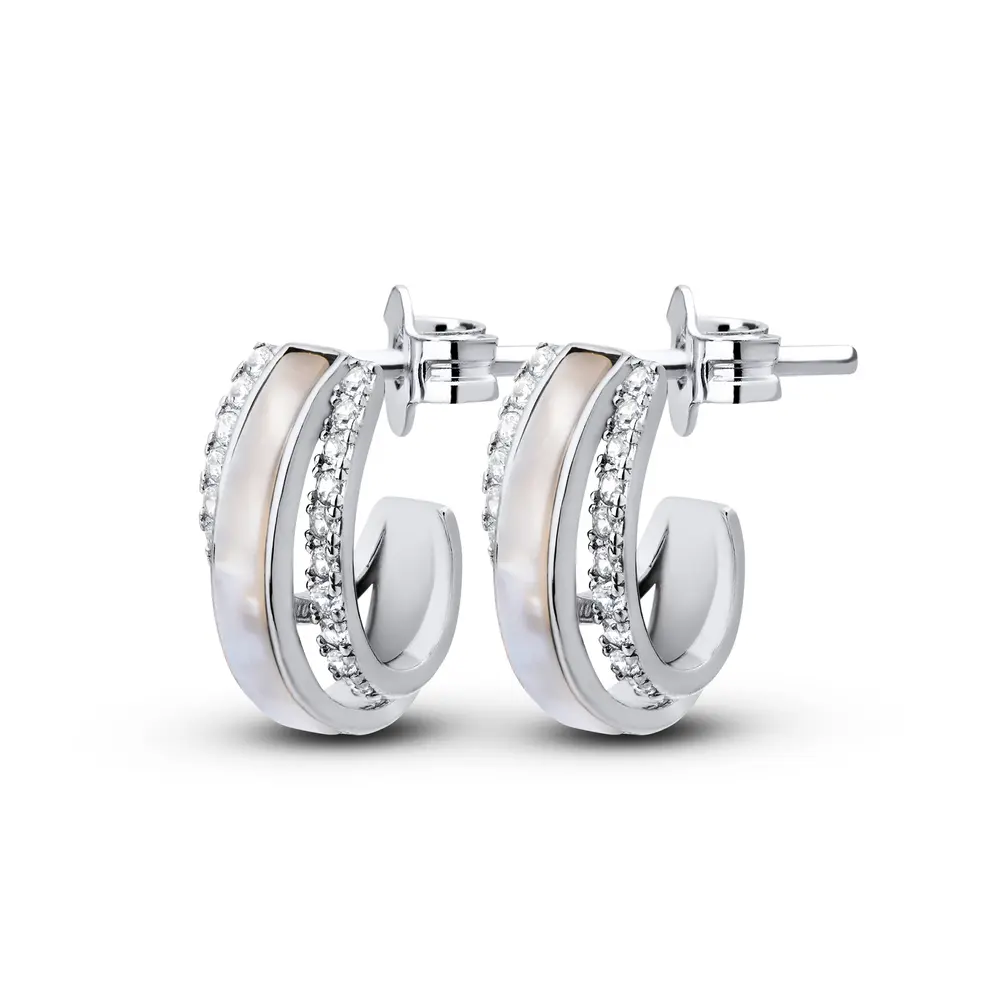 Brinco Prata Rodinada Meia Argola com Zircônia Furta Cor