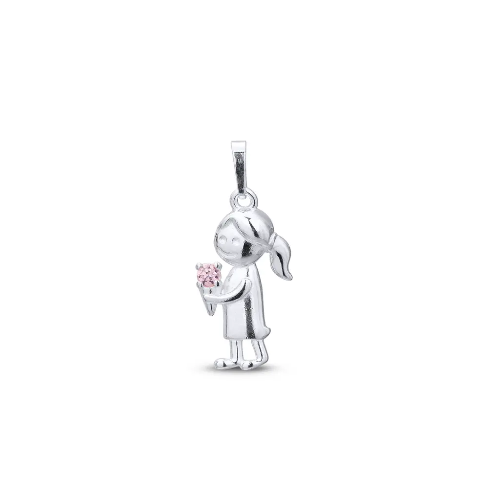Pingente Prata Menina Sorvete Zircônia Rosa