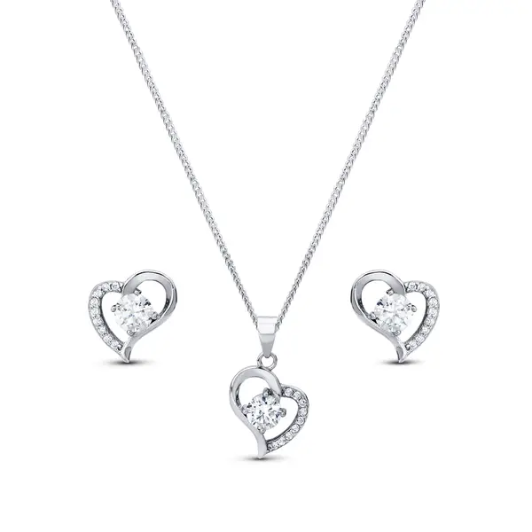 Conjunto Prata Rodinada Coração Cravejado com Zircônia Central