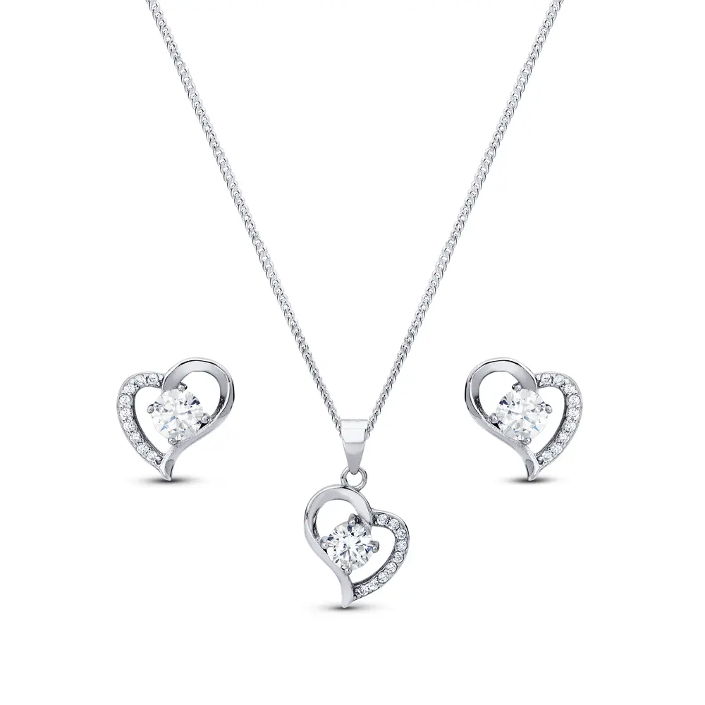 Conjunto Prata Rodinada Coração Cravejado com Zircônia Central
