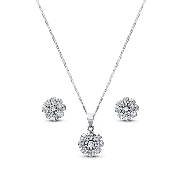 Conjunto Prata Rodinada Flor Cravejada em Zircônias