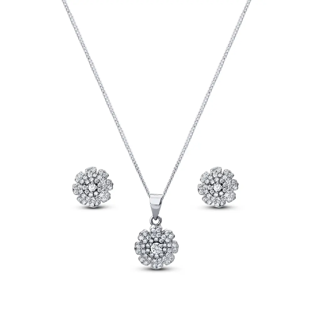 Conjunto Prata Rodinada Flor Cravejada em Zircônias