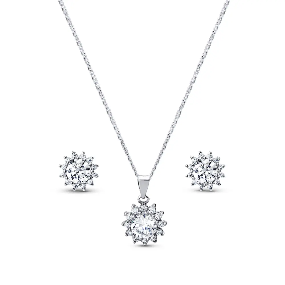 Conjunto Prata Rodinada Flor Cravejada em Zircônias Grande