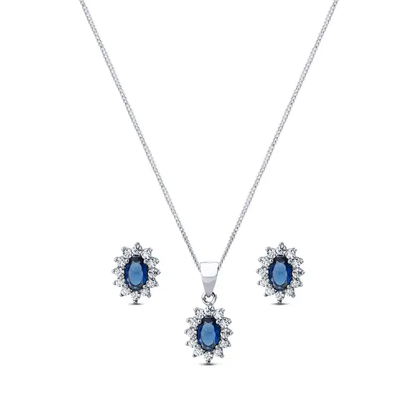 Conjunto Prata Rodinada Clássico Oval com Zircônia Azul