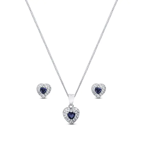 Conjunto Prata Rodinada Coração Cravejado com Zircônia Azul