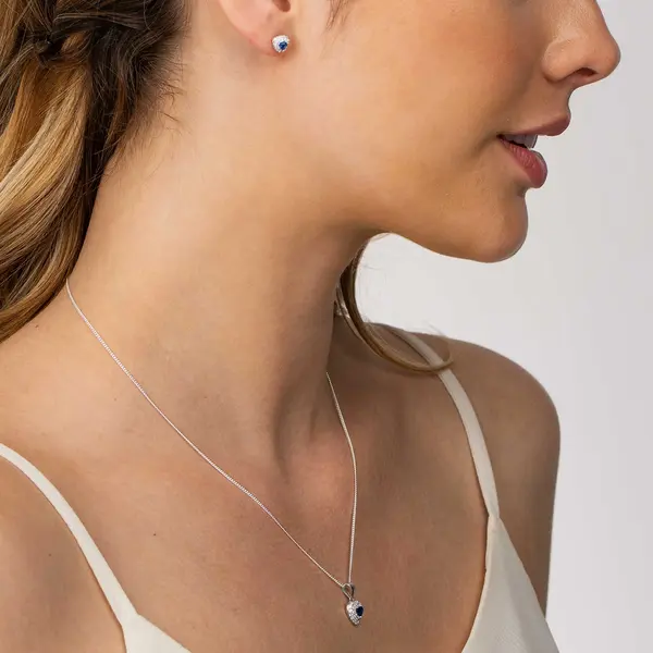 Conjunto Prata Rodinada Coração Cravejado com Zircônia Azul