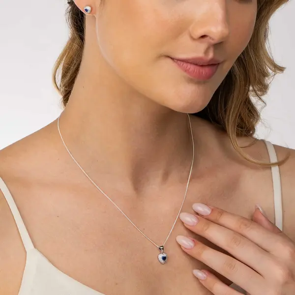 Conjunto Prata Rodinada Coração Cravejado com Zircônia Azul