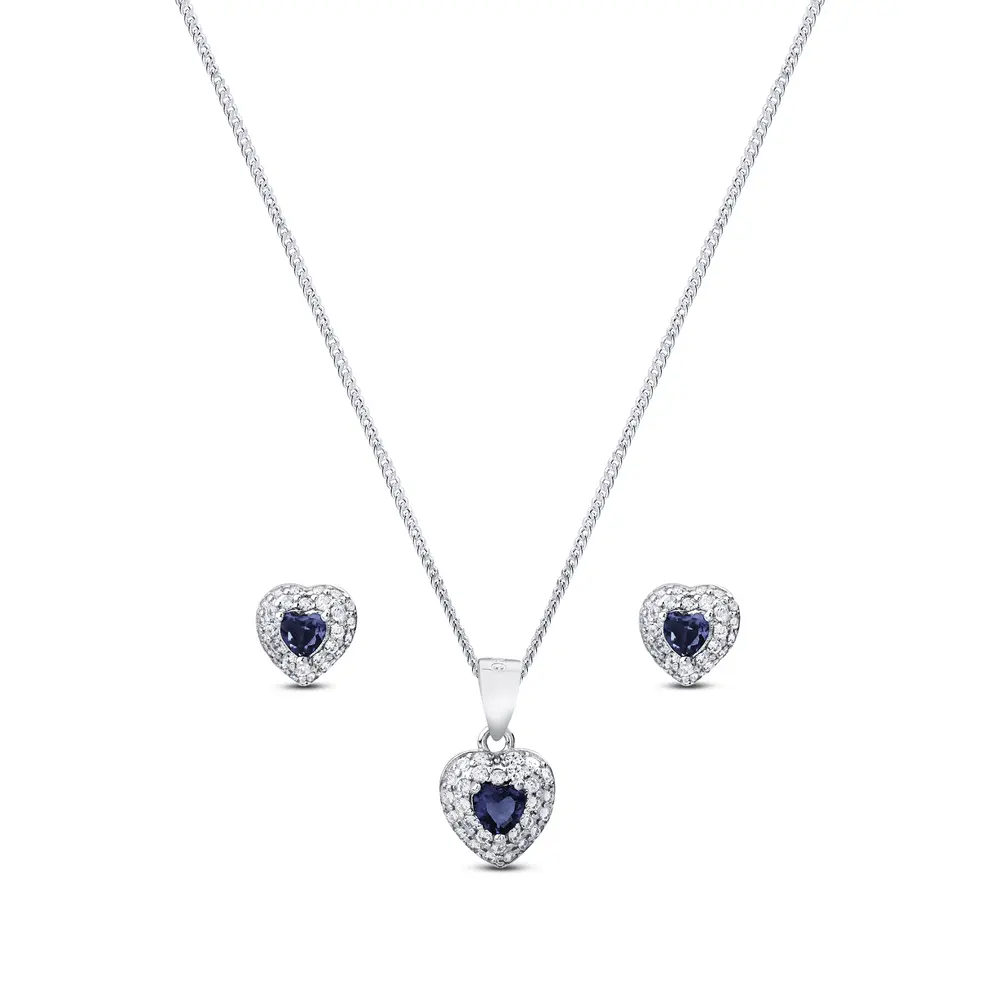 Conjunto Prata Rodinada Coração Cravejado com Zircônia Azul