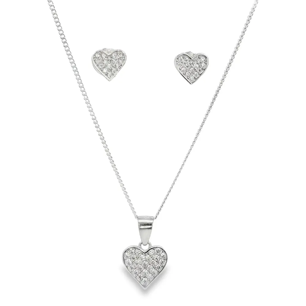 Conjunto Prata Rodinada Coração Cravejado