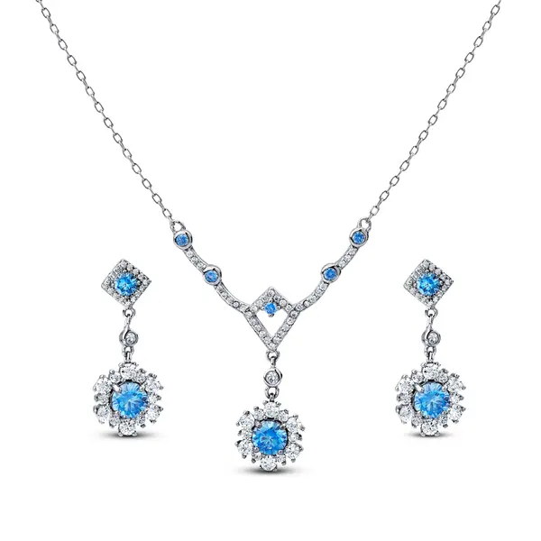 Conjunto Prata Rodinada Flor Cravejada com Zircônias Azuis