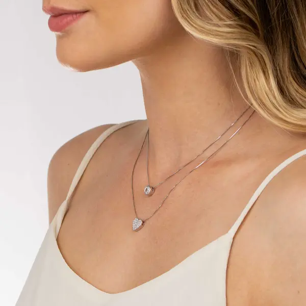 Gargantilha Prata Rodinada Dupla Coração Cravejado e Ponto Luz