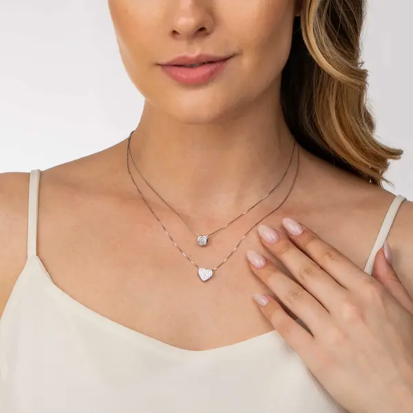 Gargantilha Prata Rodinada Dupla Coração Cravejado e Ponto Luz