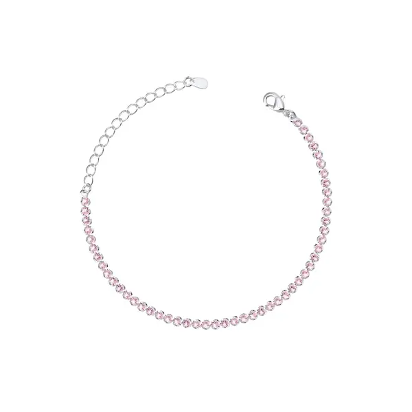 Pulseira Prata Leve Riviera Zircônias Redondas Rosa Claro