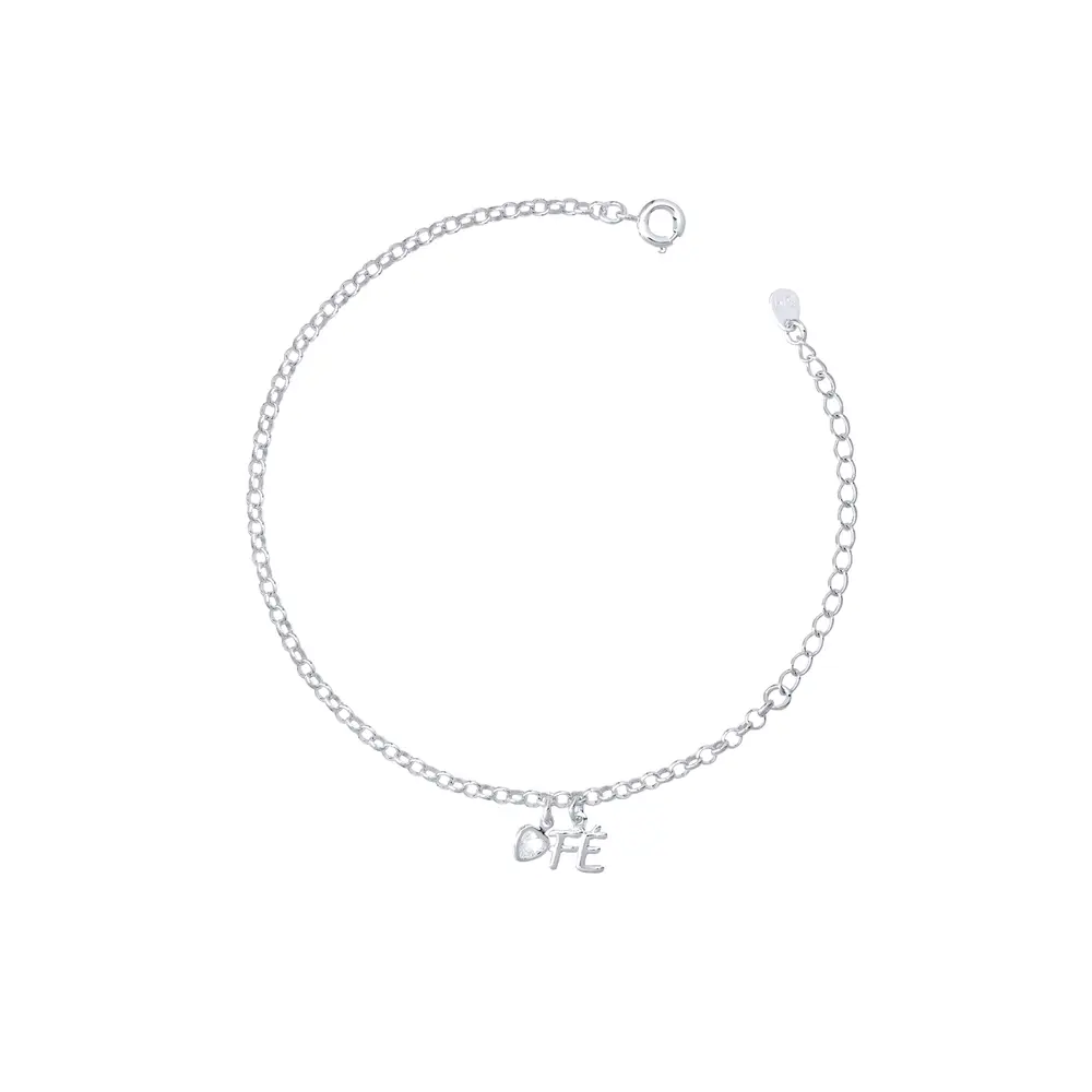 Pulseira Prata Leve Pingente Coração e Fé