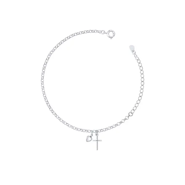 Pulseira Prata Leve Pingente Coração e Cruz PP