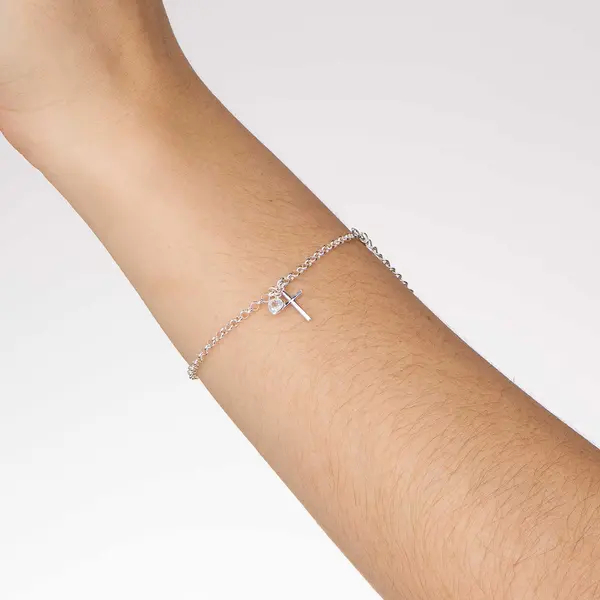 Pulseira Prata Leve Pingente Coração e Cruz PP