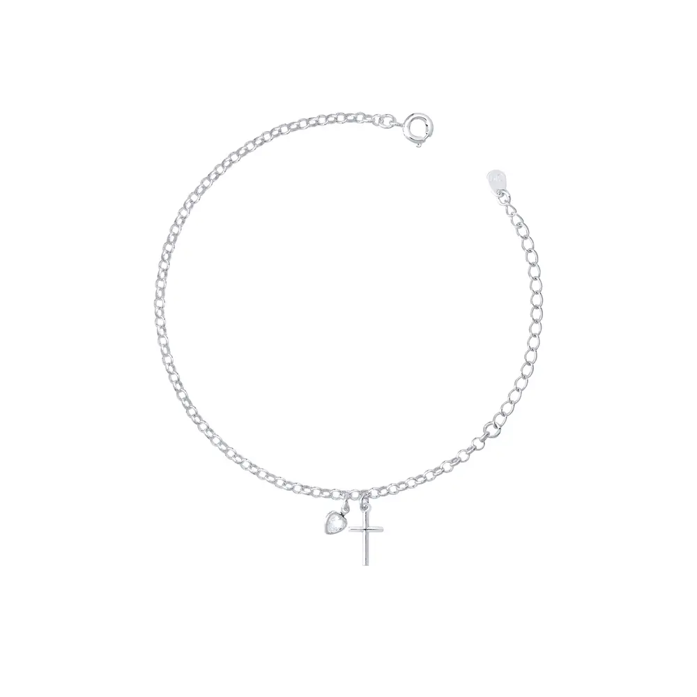 Pulseira Prata Leve Pingente Coração e Cruz PP