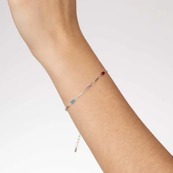 Pulseira Prata Leve Zircônias Retangulares Coloridas