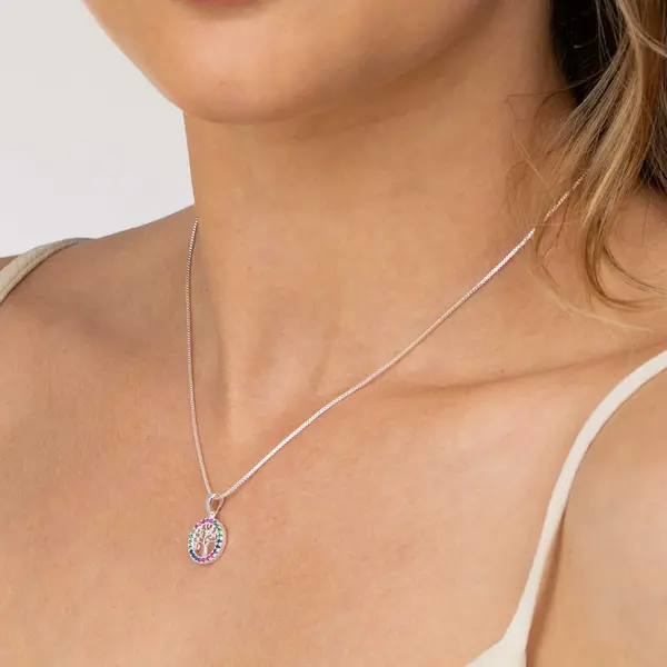 Gargantilha Prata Leve Árvore da Vida Colorida PP