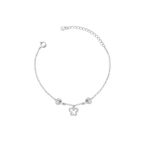 Pulseira Prata Leve Corações e Borboleta com Zircônias
