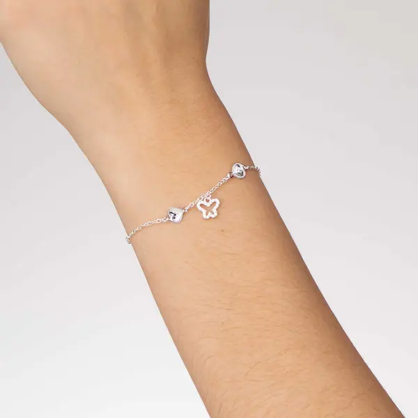 Pulseira Prata Leve Corações e Borboleta com Zircônias
