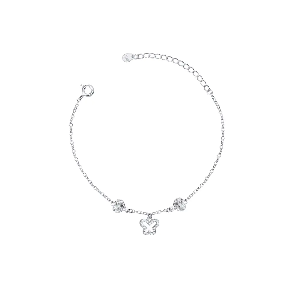 Pulseira Prata Leve Corações e Borboleta com Zircônias