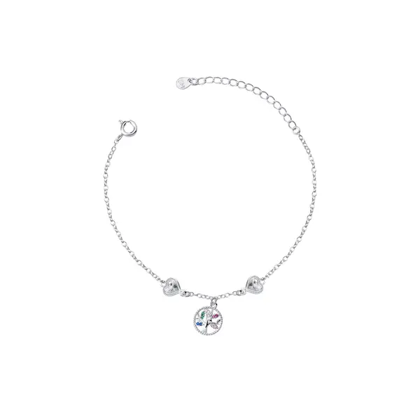 Pulseira Prata Leve Corações e Árvore da Vida Colorida